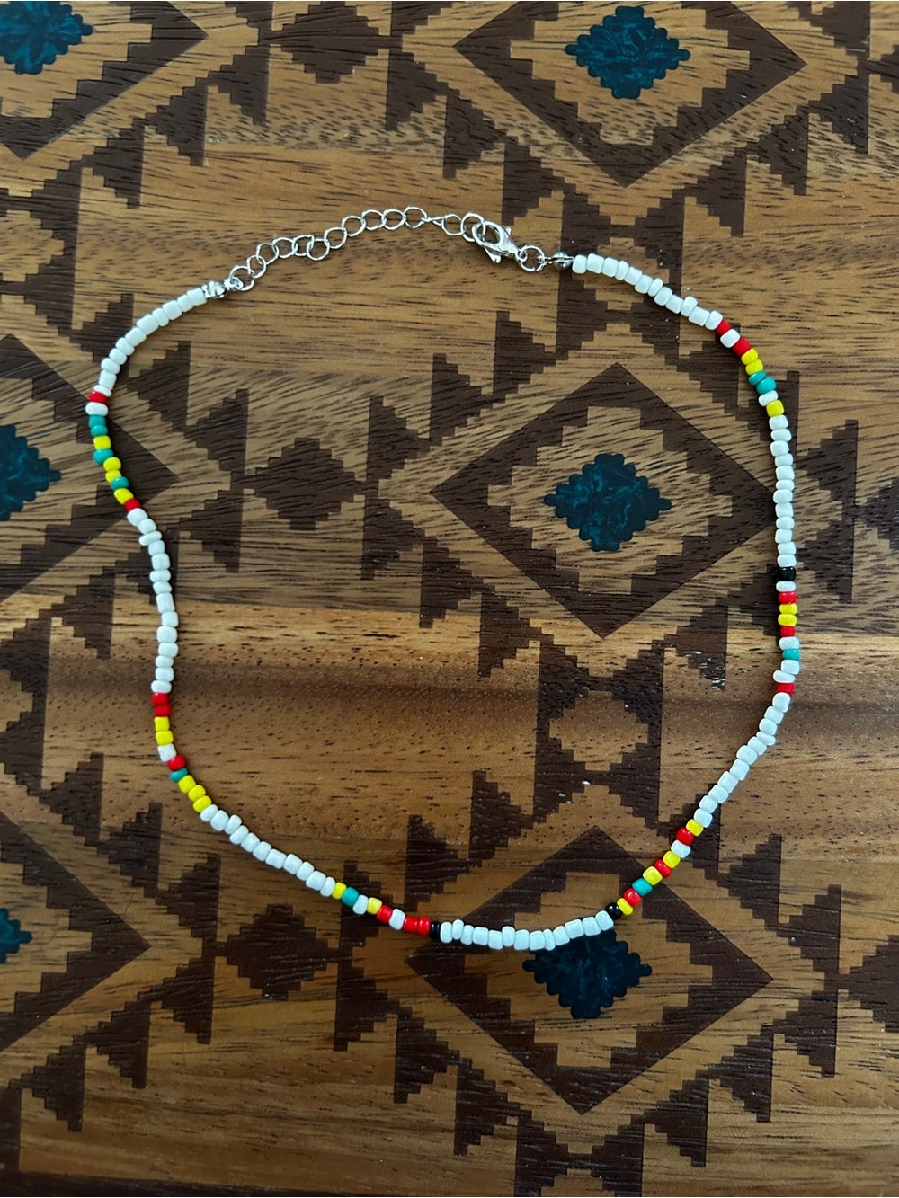 Handmade White Seed Bead Choker with Red, Yellow & Green Accents
